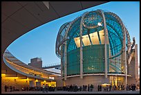 Crowd gathered around rotunda at dusk, San Jose City Hall. San Jose, California, USA ( color)