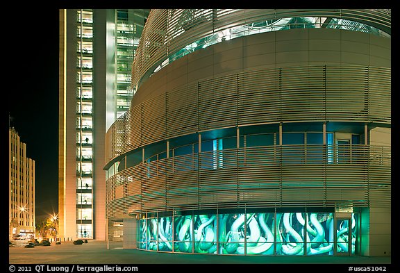 Art installation at night, San Jose City Hall. San Jose, California, USA (color)