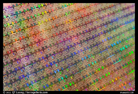 Panel of silicon chips, Intel Museum. Santa Clara,  California, USA (color)