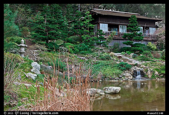 Pond and pavillion. Saragota,  California, USA (color)