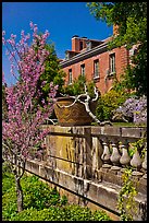 Balustrade, blossoms, and house, Filoli estate. Woodside,  California, USA (color)