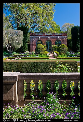 Balustrade, sunken garden, and garden house, Filoli estate. Woodside,  California, USA (color)