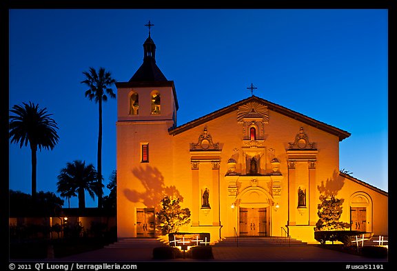 Santa Clara Mission illuminated at dusk. Santa Clara,  California, USA (color)