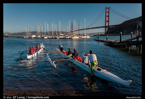 Outrigger canoes and Golden Gate Bridge. California, USA (color)