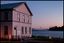 Tiburon Road-Ferry museum and Golden Gate Bridge at sunset. California, USA (color)