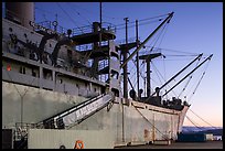 Victory and Liberty ship at dusk, Rosie the Riveter/World War II Home Front National Historical Park. Richmond, California, USA (color)