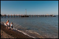 Girls on China Camp Beach near pier, China Camp State Park. San Pablo Bay, California, USA (color)