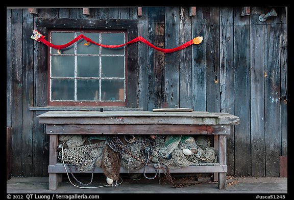 Shed with fishing gear and Chinese dragon, China Camp State Park. San Pablo Bay, California, USA