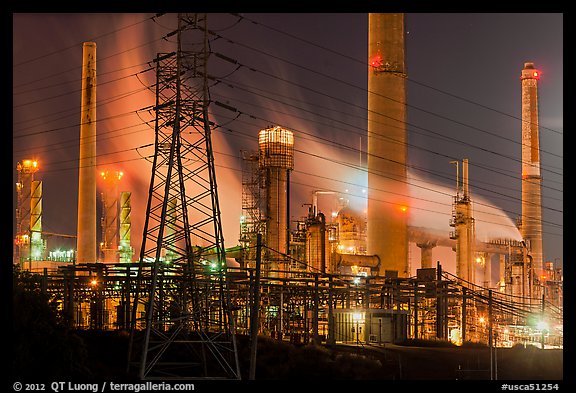 Shell Refinery by night. Martinez, California, USA (color)