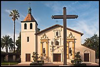 Cross and Mission Santa Clara de Asis, early morning. Santa Clara,  California, USA (color)