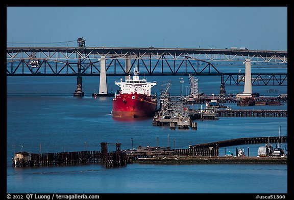 Pier, oil tanker, and Benicia-Martinez bridge. Martinez, California, USA (color)