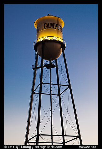 Water tower at dusk, Campbell. California, USA (color)