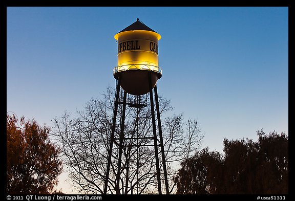 Campbell Water Tower at dusk, Campbell. California, USA