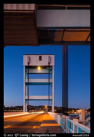 Bridge at dusk, Mare Island causeway, Vallejo. San Pablo Bay, California, USA (color)