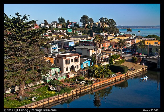 Houses bordering Soquel Creek from above. Capitola, California, USA