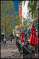 Outdoor tables and theater on Pacific Avenue. Santa Cruz, California, USA