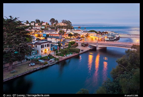 Bridges over Soquel Creek and village at dusk. Capitola, California, USA (color)