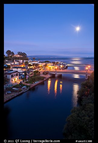Moon rising over Soquel Creek and Ocean. Capitola, California, USA