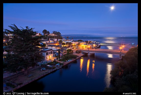 Capitola village, Soquel Creek and moon. Capitola, California, USA (color)