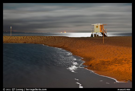 Beach, lifeguard hut and moonlight. Capitola, California, USA (color)