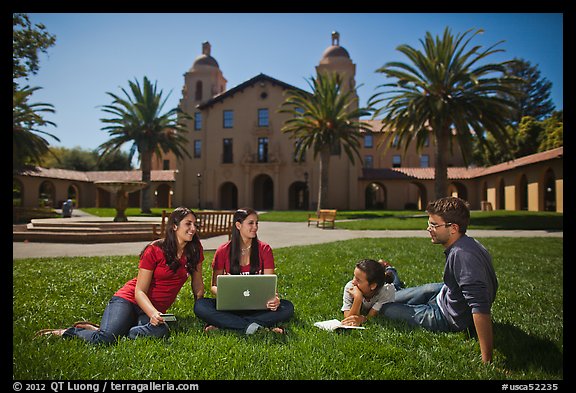 Students on lawn. Stanford University, California, USA (color)