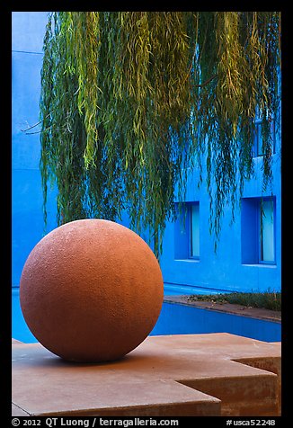 Sphere and willow in courtyard, Schwab Residential Center. Stanford University, California, USA