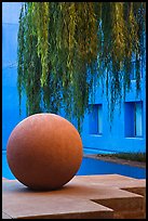 Sphere and willow in courtyard, Schwab Residential Center. Stanford University, California, USA (color)