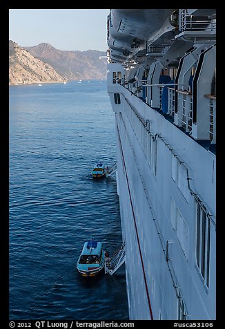 View from cruise ship anchored off island coast, Catalina. California, USA (color)