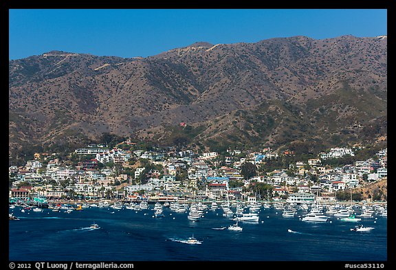 Avalon and mountains seen from Descanso Bay, Catalina. California, USA (color)