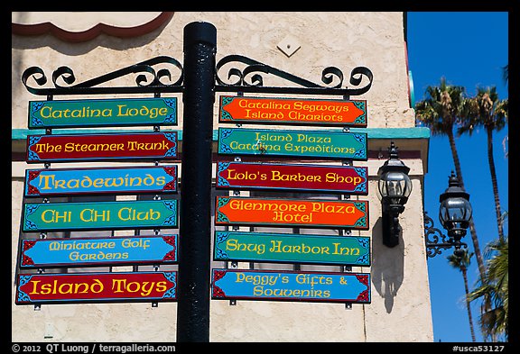 Signs pointing to local businesses, Avalon Bay, Catalina. California, USA (color)