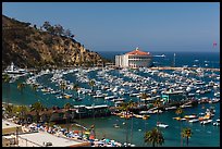 Beach, Pier, harbor, and casino from above, Avalon, Catalina. California, USA (color)