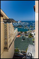 Harbor seen from between hillside houses, Avalon, Catalina. California, USA (color)