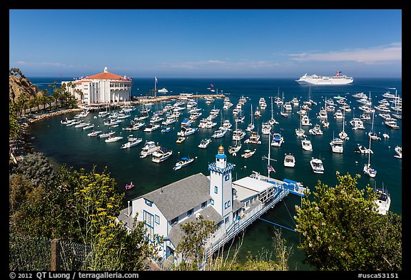 Yacht club, casino, harbor and cruise ship, Avalon, Catalina. California, USA (color)