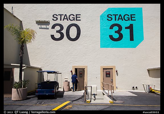 Man entering soundstage, Paramount Pictures Studios lot. Hollywood, Los Angeles, California, USA (color)