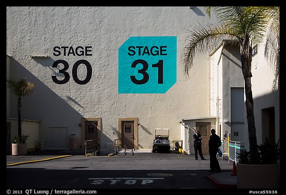 Shadows outside the sound stages, Studios at Paramount lot. Hollywood, Los Angeles, California, USA (color)