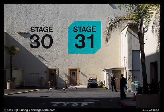 Shadows outside the sound stages, Studios at Paramount lot. Hollywood, Los Angeles, California, USA