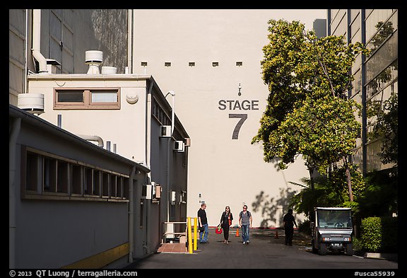 Outside huge stage buildings, Studios at Paramount. Hollywood, Los Angeles, California, USA (color)