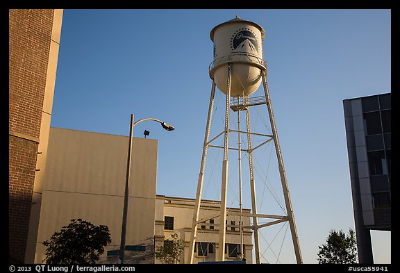 Water tower, old and new buildings, Studios at Paramount. Hollywood, Los Angeles, California, USA (color)