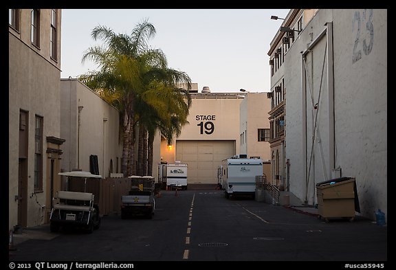 Carts, production trails, and stages at dusk, Paramount lot. Hollywood, Los Angeles, California, USA