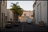 Carts, production trails, and stages at dusk, Paramount lot. Hollywood, Los Angeles, California, USA (color)