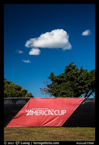 34th Americas cup sign, trees, and clouds. San Francisco, California, USA (color)
