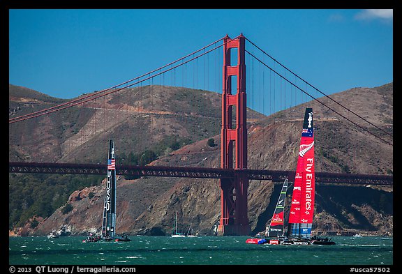 USA and New Zealand America's cup boats and Golden Gate Bridge. San Francisco, California, USA