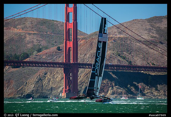 Oracle Team USA defender America's cup boat and Golden Gate Bridge. San Francisco, California, USA (color)