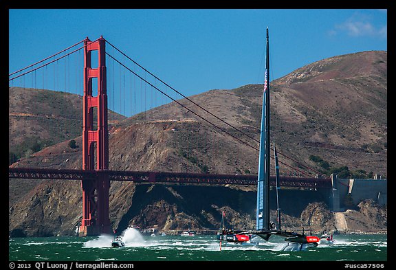 Oracle Team USA AC72 America's cup boat and Golden Gate Bridge. San Francisco, California, USA