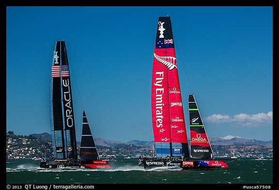 New Zealand boat leading USA boat on first downwind leg of decisive race. San Francisco, California, USA (color)
