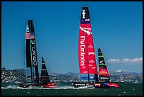 New Zealand boat leading USA boat on first downwind leg of decisive race. San Francisco, California, USA (color)