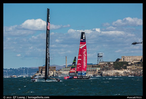 USA and New Zealand boats sailing upwind in front of Alcatraz Island. San Francisco, California, USA