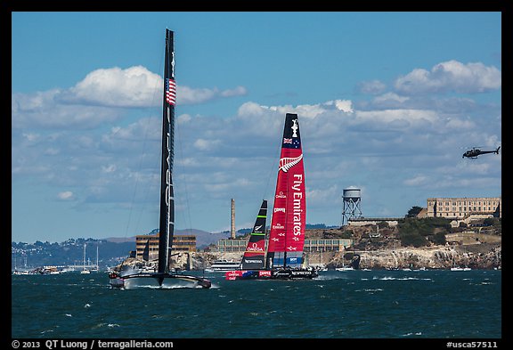 USA and New Zealand boats sailing upwind in front of Alcatraz Island. San Francisco, California, USA (color)