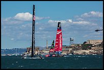 USA and New Zealand boats sailing upwind in front of Alcatraz Island. San Francisco, California, USA ( color)