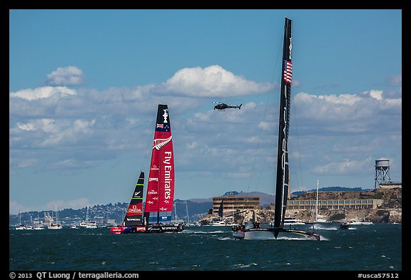 USA boat gaining on New Zealand boat during upwind leg of America's cup decisive race. San Francisco, California, USA (color)